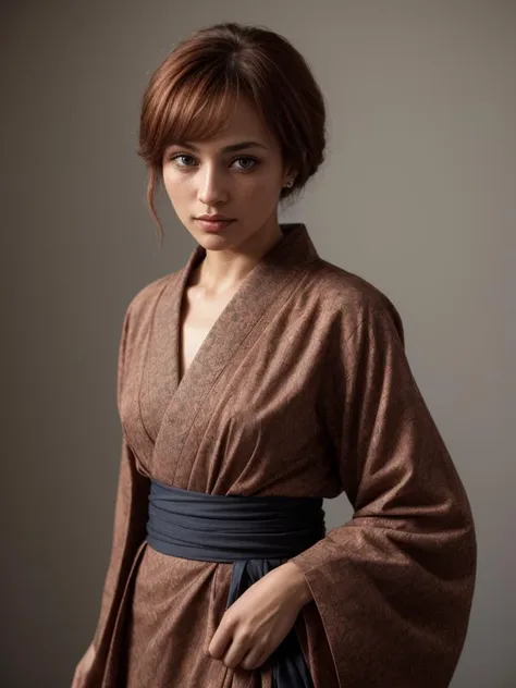 a woman in a brown robe posing for a picture