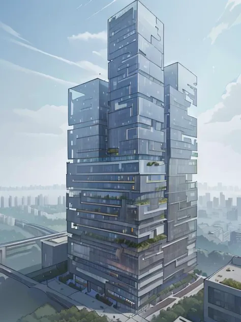 (masterpiece),(high quality), monolith, modern architecture, multiple towers, condo, hanging garden, glass and red bricks, pointed, best quality, multi-volume block connection, dramatic, outdoors, window, road, sky, street, <lora:xsarchitectural-10superhig...