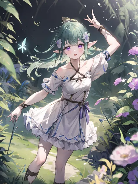 masterpiece,best quality,highres,cinematic lighting,dramatic angle,1girl,CastelleYoung,green hair,pointy ears,purple eyes,hair flower,hair ornament,white short dress,short sleeves,criss-cross halter,belt,ribbons,cross-laced footwear,<lora:ShadowverseCastel...