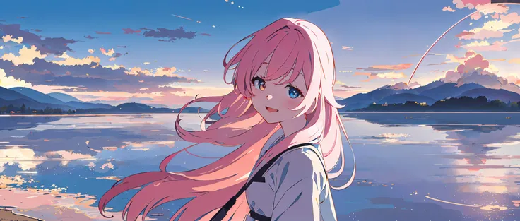 anime girl with pink hair standing by the water with a kite