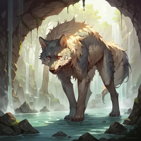 a painting of a wolf standing in a cave in the woods