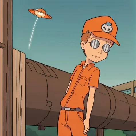 <lora:Dale Gribble - King of the Hill - 1997 - V1:0.8> dale_gribble, orange_mack_track_tracker_hat, sunglasses, brown shirt, surly, standing next to space_craft, UFO, anime, <lora:LCM_SD15:1.0>