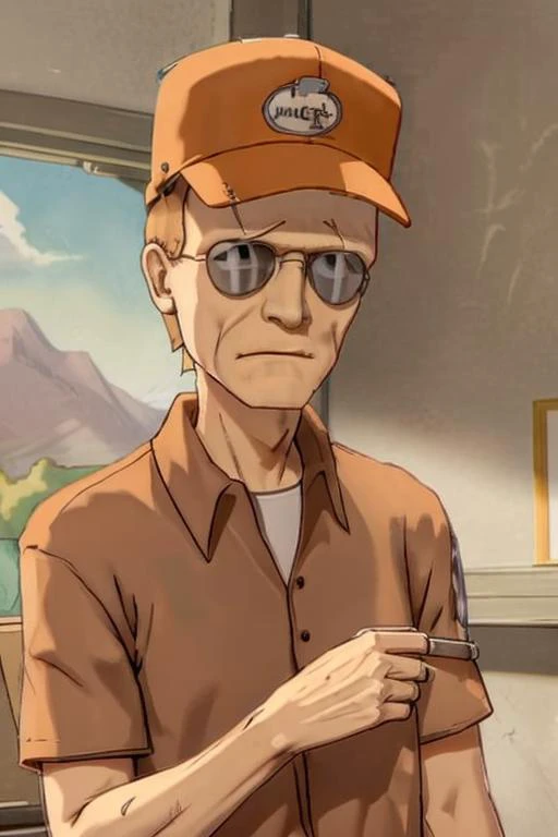 <lora:Dale Gribble - King of the Hill - 1997 - V1:0.6> dale_gribble, orange_mack_track_tracker_hat, sunglasses, brown shirt, <lora:Frankenstein-10:0.9> frankenstein, <lora:LCM_SD15:1.0>