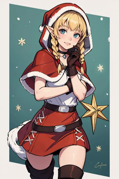 (masterpiece, best quality:1.2), solo, 1girl, linkle, smile, looking at viewer, twin braids, red capelet, white fur trim, hood, leather gloves, red skirt, thigh boots, choker, compass belt <lora:hyrulewarriors_linkle-11:.75> santa outfit, snow, hand on own...