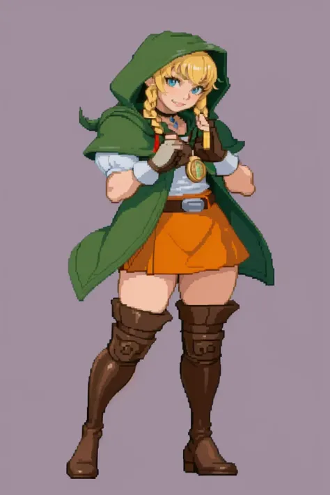 masterpiece, best quality, 1girl, smile, looking at viewer,  <lora:hyrulewarriors_linkle:1>,linkle, twin braids, green capelet, hood, leather gloves, skirt, thigh boots, choker, belt,  <lora:Cps2V3test_Fp:0.8>, simple background, full body