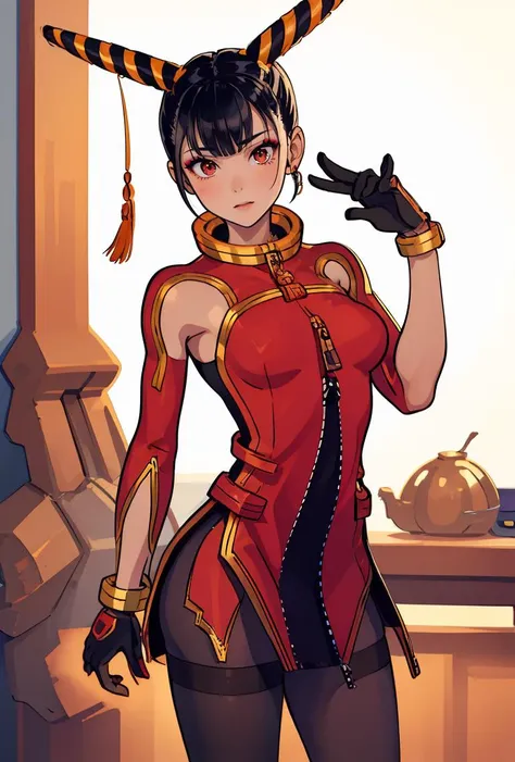 (masterpiece, best quality), 1girl,     <lora:RinRin:0.8> RinRin, 1girl, solo, short hair, black hair, hair ornament, gloves, red dress, jewelry, medium breasts, pantyhose, earrings, detached sleeves, blunt bangs, makeup, chinese clothes, wide sleeves, bra...