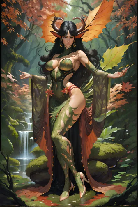 <lora:noriyoshiohraistyle:0.7>, noriyoshiohrai painting of a woman wearing Nymph-inspired leafy bodysuits with flowing skirts, (moss, ruby, saffron palette) || masterpiece, 8k, high resolution, shallow depth of field, sharp focus