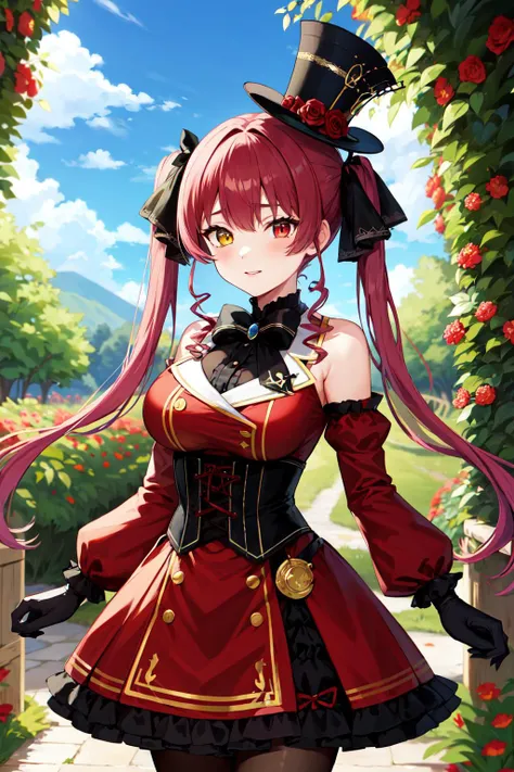 masterpiece, best quality, highres, ddmarine, twintails, drill hair, top hat, hat flower, heterochromia, black bowtie, underbust, bare shoulders, frills, black ribbon, red dress, detached sleeves, red sleeves, long sleeves, corset, black gloves, pantyhose,...