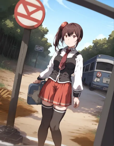 anime girl standing in front of a no entry sign with a suitcase