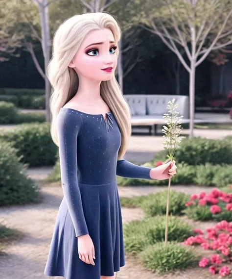 a close up of a person holding a flower in a park