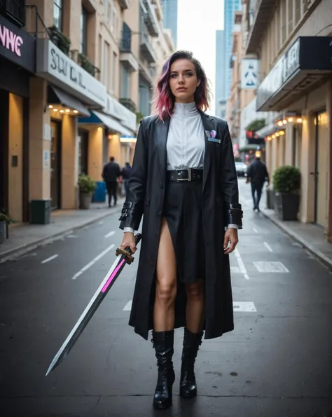 cinematic photo neonpunk style realistic photograph of cyberpunk warrior nun, holding a plasma sword, chain mail armor with leather padding, cyber implants. standing in a city street . cyberpunk, vaporwave, neon, vibes, vibrant, stunningly beautiful, crisp...