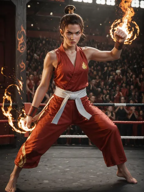 1girl, fire bender, sexy outfit, flames, sparks, dynamic, powerful, elemental, magic, intense, gaze, martial arts stance, energe...