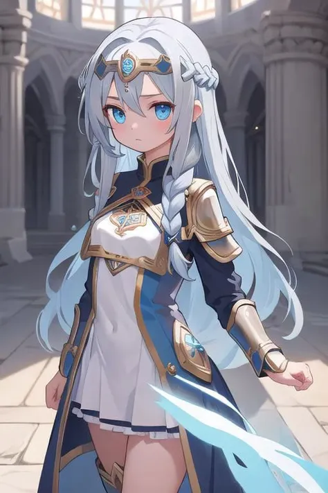 a woman in a white dress and blue hair holding a sword