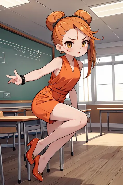 anime girl in orange dress leaning on desk in classroom