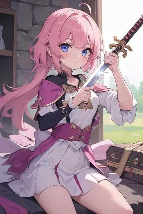 a woman in a pink dress holding a sword in her hand