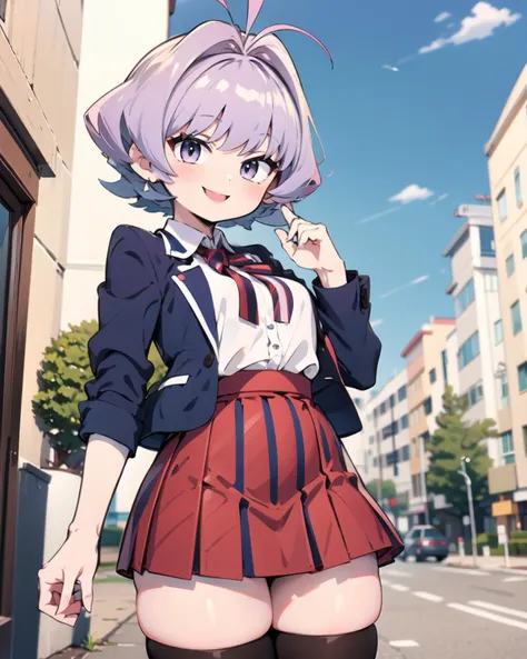 anime girl in a short skirt and jacket posing on a street