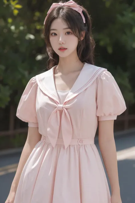 a woman in a pink dress is walking down the street