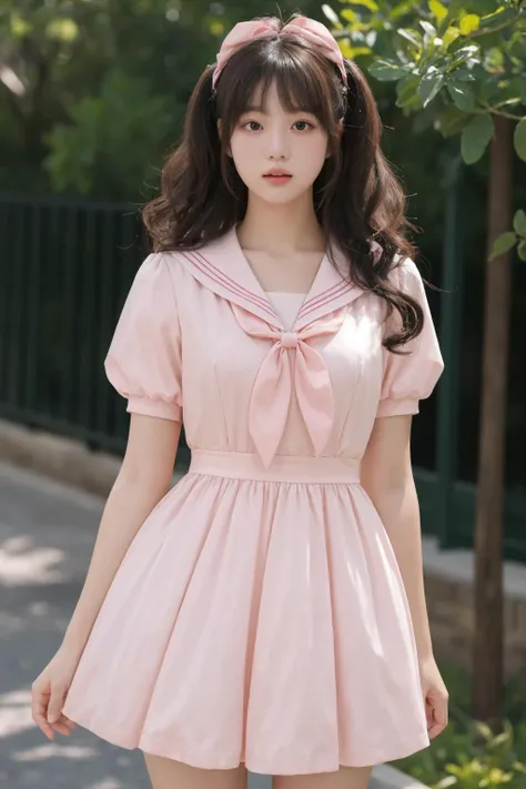 a woman in a pink dress is standing on a sidewalk