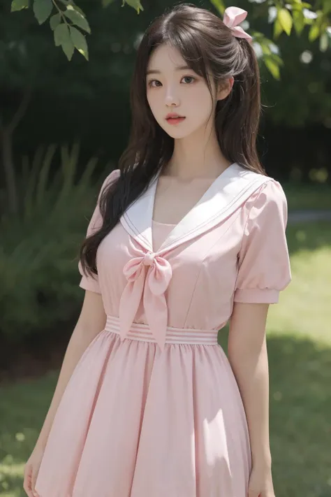 a woman in a pink dress standing in a park