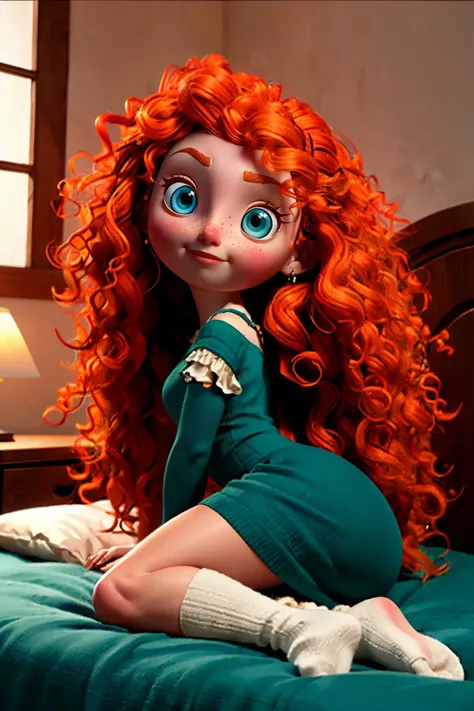 merida_v1, long orange hair, curly hair, blue eyes, green dress, clothing cutout, socks, looking back at viewer, serious, smirk, blush, sitting, on large bed, from_below, inside a cozy bedroom, pillow, lamp, high quality, masterpiece,<lora:MERIDA_V1:.7>