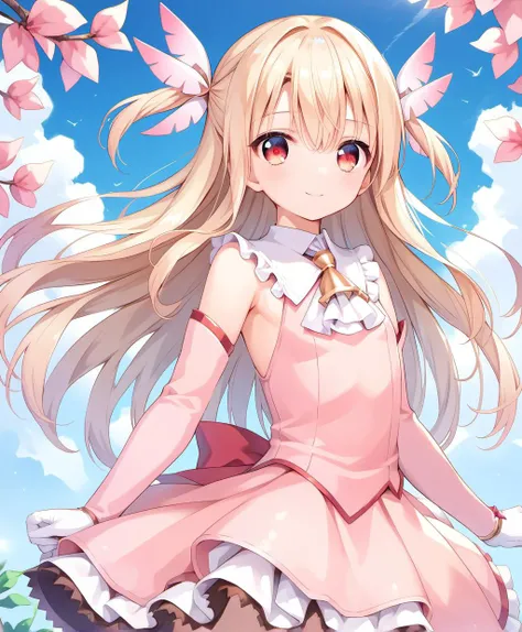 anime girl with long blonde hair and pink dress sitting on a rock