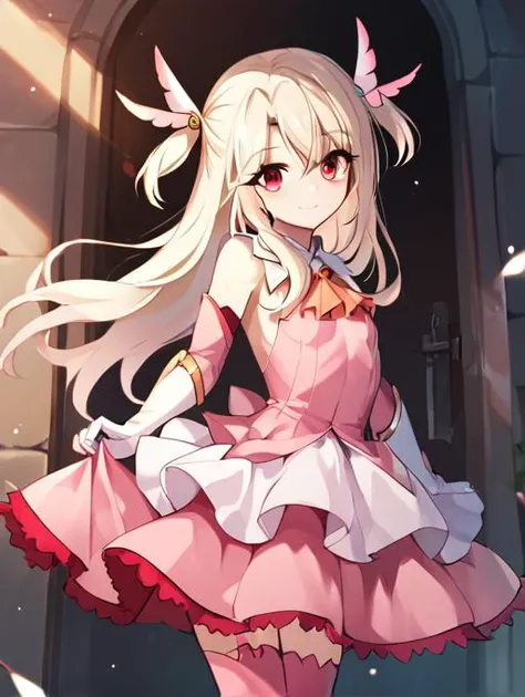 Flat chest, Red eyes, masterpiece, score_9, score_8_up, score_7_up, best quality, long hair, pale blonde, prisma-iliya, (pink stockings:1.0), Pink dress <lora:prisma-iliya:1>