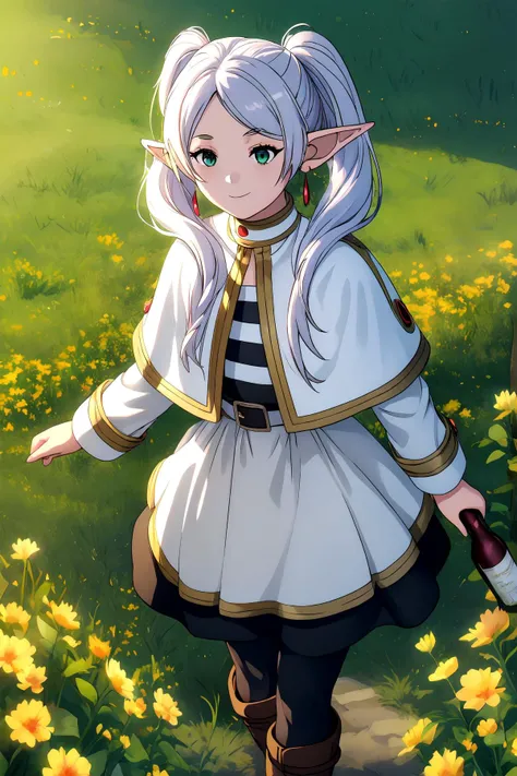 ((Masterpiece)), ((best quality)), (perfect composition), (perfect anatomy), illustration, high-res, realistic, extremely detailed, prefect lighting, dynamic angle, absurdres, 1girl, Frieren, sole, full body, elf, heroine, dance with the wind in the garden...