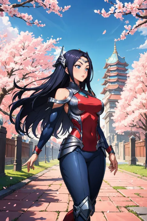 masterpiece, best quality,  <lora:lol_irelia1.2-000008:0.9> irelia, 1girl, bodysuit, bare shoulders, forehead protector, hair ornament, armor, large breasts, asian architecture, cherry blossoms, walking, looking to the side, wide shot, pond, cobblestones, ...