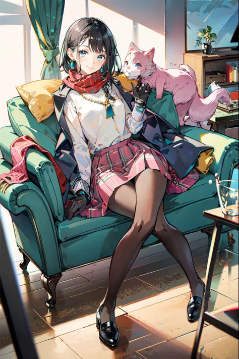 anime girl sitting on a couch with a cat and a stuffed animal