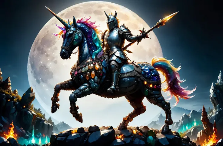 amazing quality, masterpiece, best quality, hyper detailed, ultra detailed, UHD, depth of field, cinematic lighting, moon light,
a knight on unicorn,
the dazzling unicorn kicked up their feet, jumping unicorn, armored unicorn,
wearing heavy armor,
holding ...