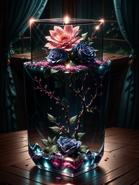 there is a glass vase with flowers inside of it on a table