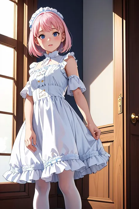 anime girl in a blue dress standing in front of a door