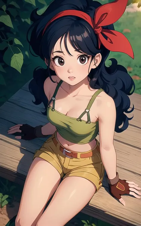 anime girl sitting on a bench with a red bow in her hair