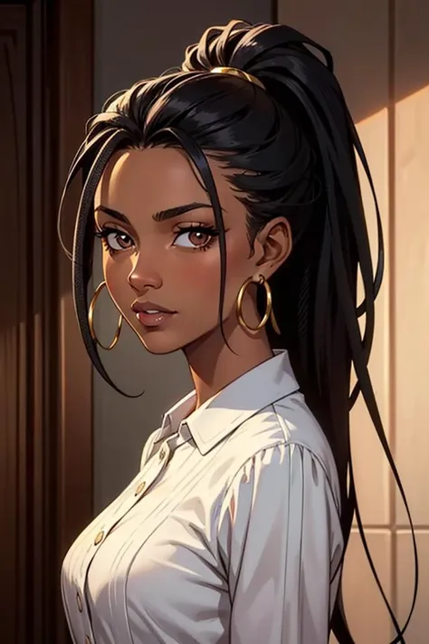 a woman with long hair and big hoop earrings standing in front of a door