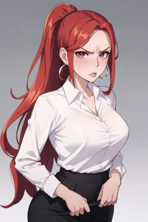 a woman with red hair and a white shirt is posing