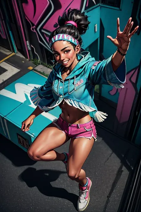 (masterpiece, best quality, highres, absurdres, ultra-detailed:1.3), 1girl, <lora:LilyMS:0.8>lilyms, jewelry, headband, poncho, fringe trim, tribal, magenta shorts, midriff, (cyberpunk, city street, graffiti, turquoise neon, jumping, smile, flirt), ((from ...