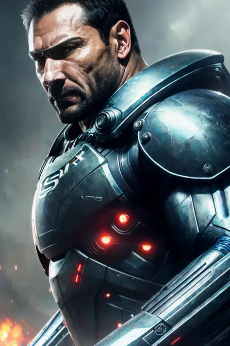 batista2, ((best quality)), ((masterpiece)), (detailed), Midjourney Style, close-up, robot, red eyes, concept art, inspired by Marek Okon, digital art, (Crysis Nanosuit:1.2), futuristic, (glowing elements:1.1), 4:3 aspect ratio, dynamic duo