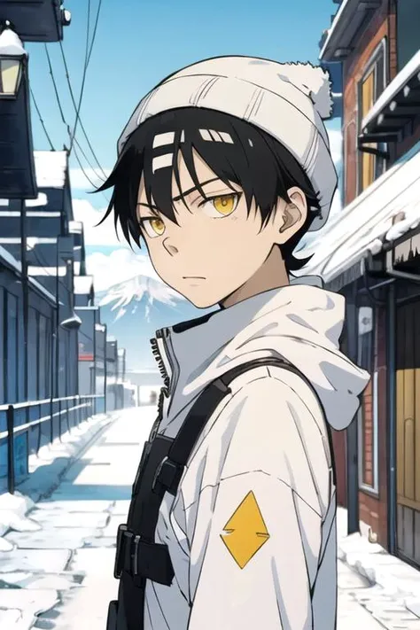 masterpiece, best quality, illustration, 1boy, solo, male focus, looking at viewer, upper body, , anime coloring, realistic, <lora:death_the_kid_soul_eater:0.70>, death_the_kid_soul_eater, black hair, yellow eyes, two-tone hair, white hair, , ski hat, mega...