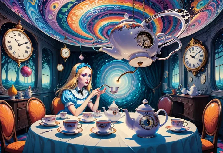 a woman, alice in wonderland, one clock, long table going into infinity, teapot, psychedelic odyssey, head fracturing into dimensional slices, surreal voids between planes, shifting geometric landscapes, prismatic light effects, otherworldly creatures, vis...