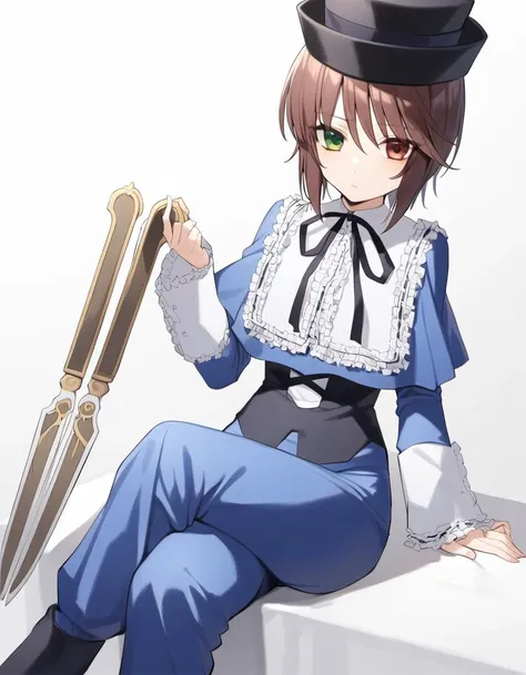 anime girl sitting on a ledge with a knife and a top hat