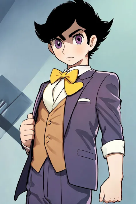 cowboy shot,   solo, 1boy, black hair, light purple eyes, suit vest, <lora:osamu_tezuka_style_v02:1>