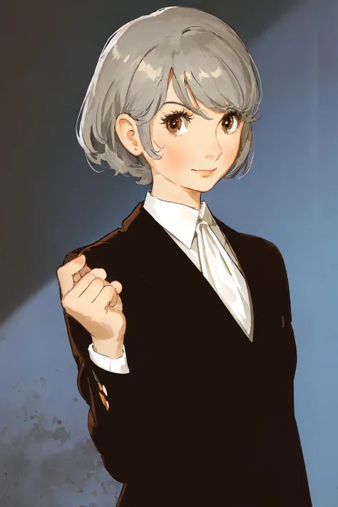 upper body,solo,1girl,grey hair,brown eyes,formal wear,<lora:osamu_tezuka_style_v02:1>,