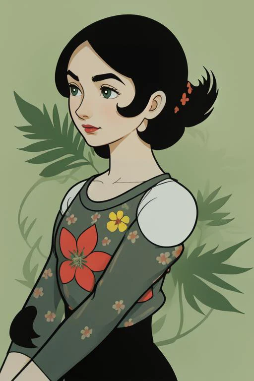 upper body, solo, 1girl, looking at viewer, dark grey raglan sleeves, no light, Sprengeri_Fern (flower), floral background <lora:Osamu_Tezuka_style_v01:1>