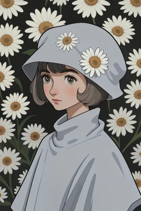 upper body, solo, 1girl, looking to the side, grey poncho, dim light, Daisy_Mums (flower), floral background <lora:Osamu_Tezuka_style_v01:1>
 <lora:RetroAnimeCraft_v1:1>