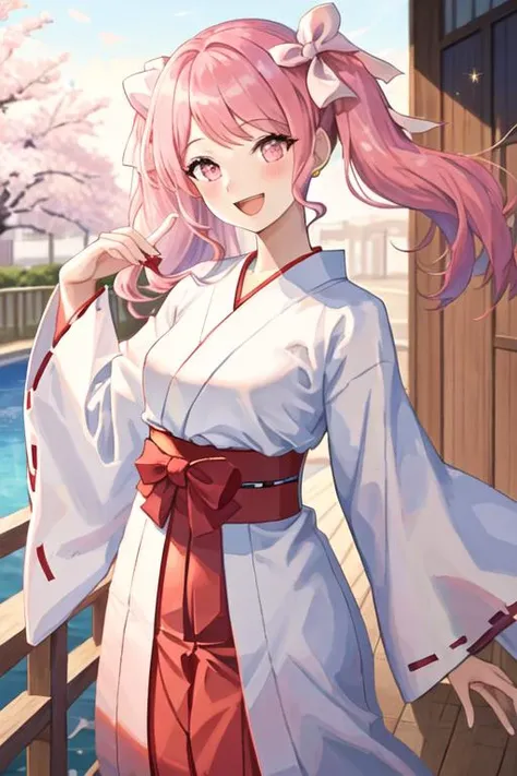 best quality, masterpiece, highres, solo, {white kimono:1.35}, {red hakama:1.35}, {wide sleeves:1.20}, {maruyama_aya_bangdream:1.15}, pink_hair, bangs, pink_eyes, blush, smile, open_mouth, bow, ribbon, twintails, sidelocks, long_hair, hair_ribbon, hair_bow