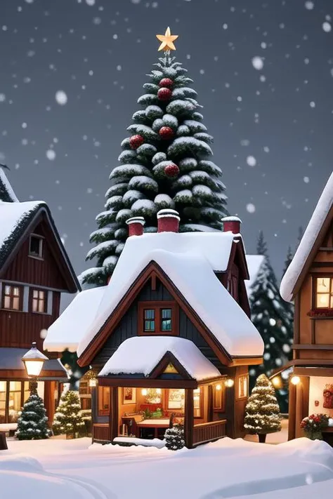 a romantically cozy christmas market, a choir sings under the christmas tree, background is a snowy village with beautiful small houses, (masterpiece, best possible quality of image reproduction, best possible color depth, highly detailed playback quality,...
