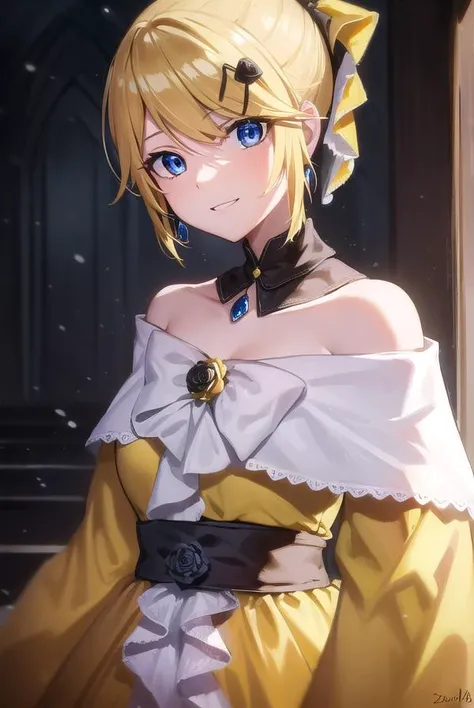 riliane, <lora:riliane-lora-nochekaiser:1>,
riliane, blonde hair, blue eyes, ponytail, short hair, parted bangs, smile, grin,
BREAK bow, bracelet, dangle earrings, detached collar, dress, (yellow dress:1.5), dress bow, earrings, flower, flower brooch, fril...