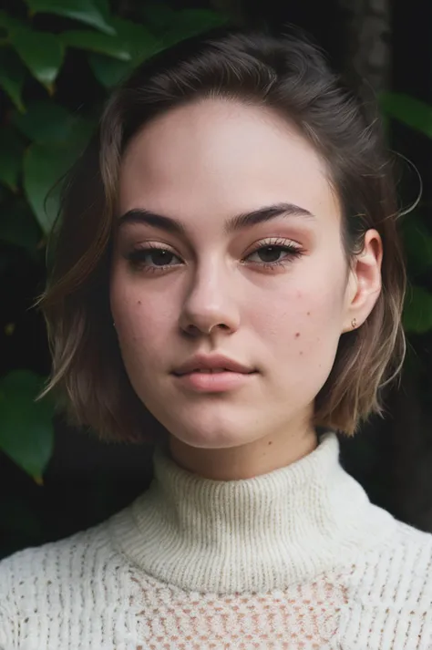 futurasilver12200v52, (closeup) Portrait of pretty young 18 year-old Caucasian woman wearing a (turtleneck sweater) outdoor in a forest with ((silver white hair) with bob cut) BREAK <lora:epi_noiseoffset2:1> BREAK (magazine cover:1.07), dainty diamond neck...