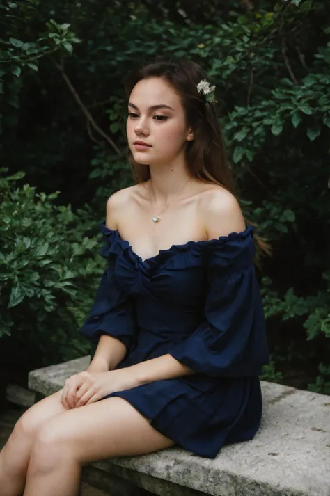 (closeup) Portrait of pretty young (18-year-old) Caucasian (futurasilver5000v5) ((Playful expression and tousled hair while seated with crossed legs.:1.07)), (flat chest:1.15), outdoor, BREAK (ginger Delicate flower crown: A crown made of delicate flowers,...