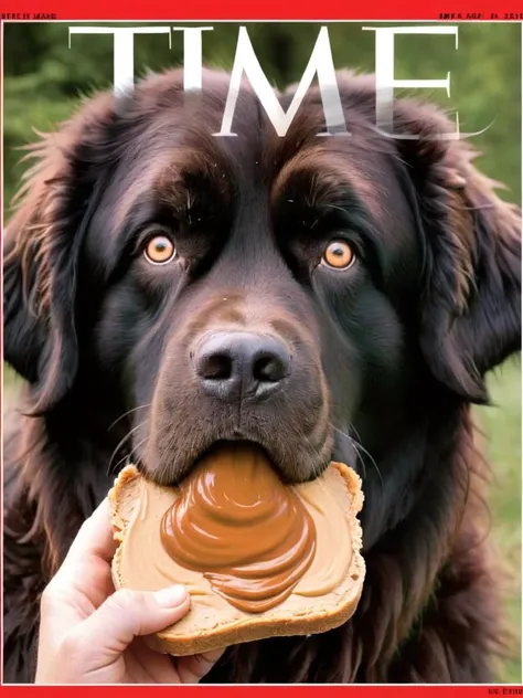 <lora:time_v10:1> time magazine, a Newfoundland Labrador eating peanut butter